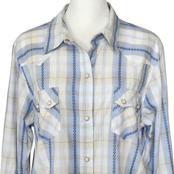 Roper Western Shirt Women's Large Pearl Snaps Long Sleeve Blue White Plaid - Picture 2 of 10
